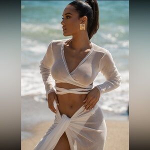 NEW JLUXLABEL White Netted Wrap Long Sleeve Top